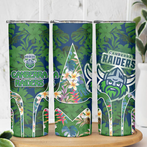 Canberra Raiders Skinny Tumbler Tropical Hibiscus Floral Pattern With Green And Navy Accents