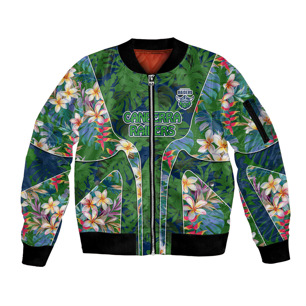 Canberra Raiders Sleeve Zip Bomber Jacket Tropical Hibiscus Floral Pattern With Green And Navy Accents