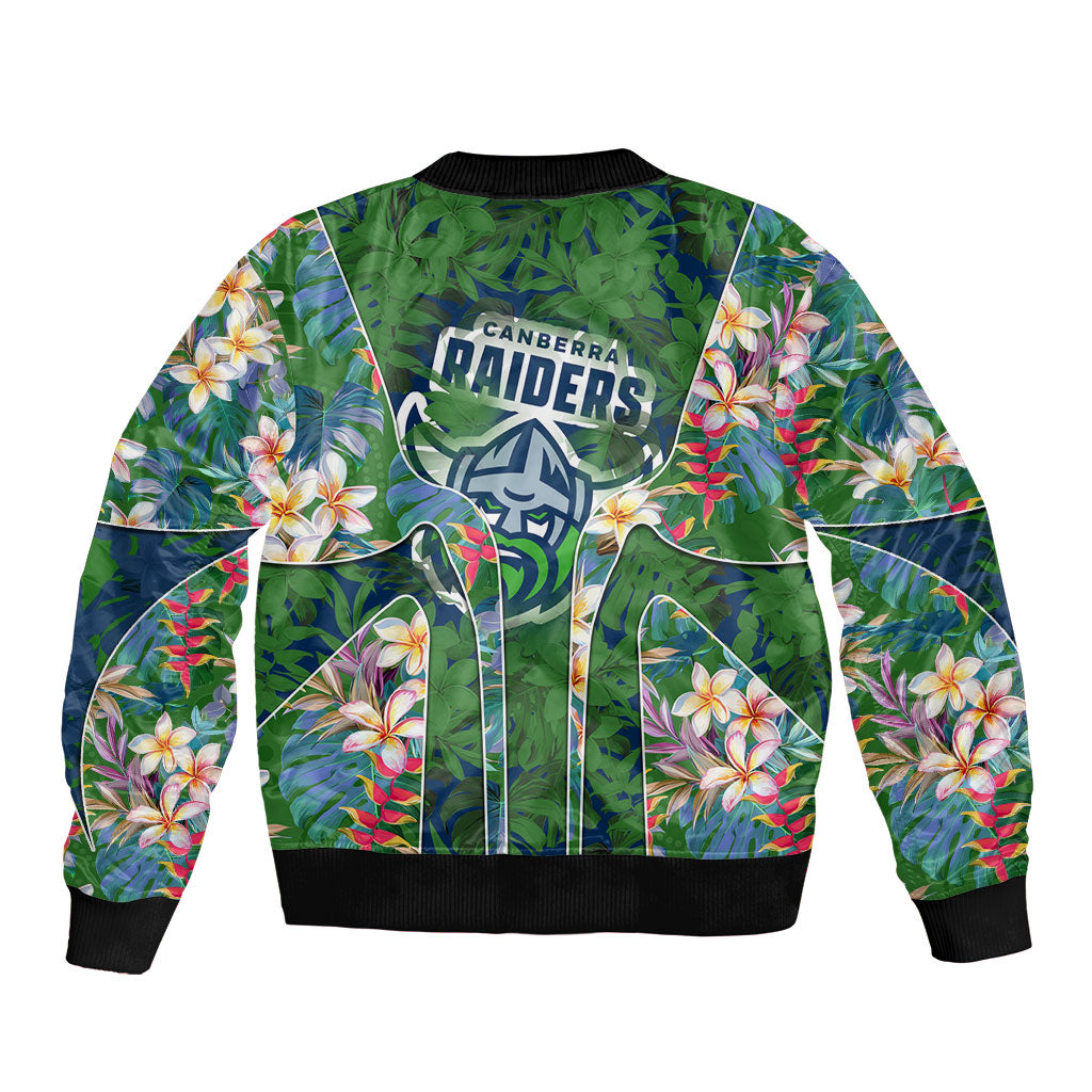 Canberra Raiders Sleeve Zip Bomber Jacket Tropical Hibiscus Floral Pattern With Green And Navy Accents