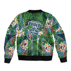 Canberra Raiders Sleeve Zip Bomber Jacket Tropical Hibiscus Floral Pattern With Green And Navy Accents