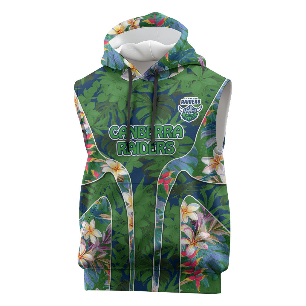 Canberra Raiders Sleeveless Hoodie Tropical Hibiscus Floral Pattern With Green And Navy Accents