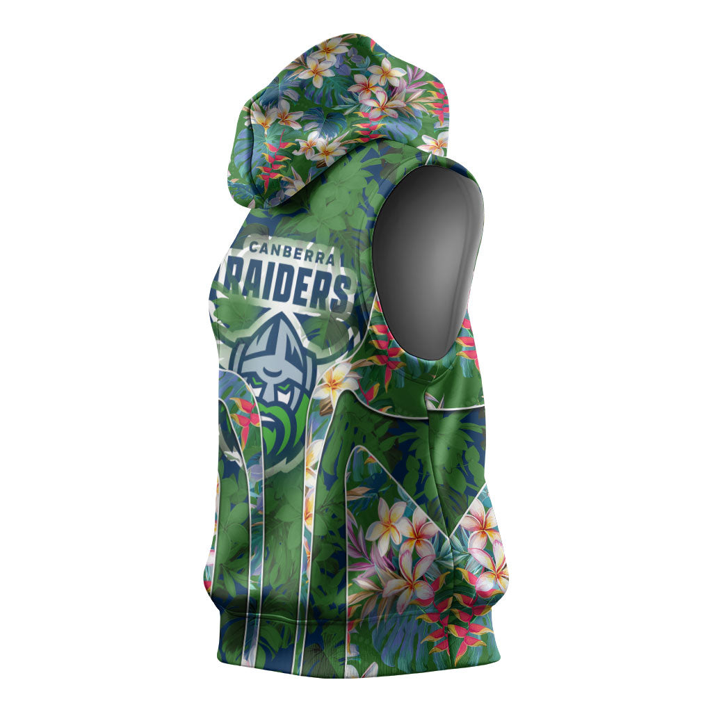 Canberra Raiders Sleeveless Hoodie Tropical Hibiscus Floral Pattern With Green And Navy Accents