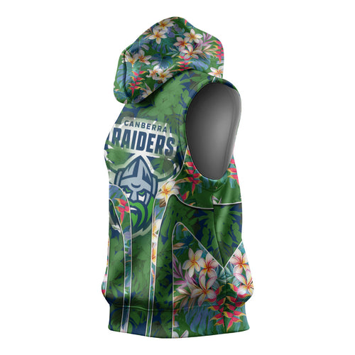 Canberra Raiders Sleeveless Hoodie Tropical Hibiscus Floral Pattern With Green And Navy Accents