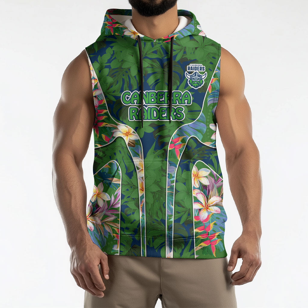 Canberra Raiders Sleeveless Hoodie Tropical Hibiscus Floral Pattern With Green And Navy Accents