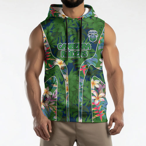 Canberra Raiders Sleeveless Hoodie Tropical Hibiscus Floral Pattern With Green And Navy Accents