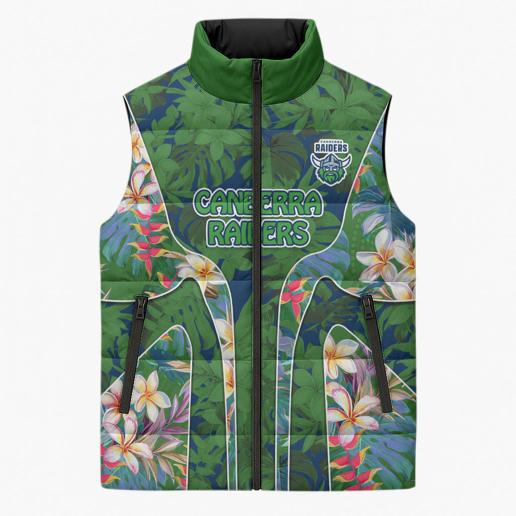 Canberra Raiders Sleeveless Puffer Jacket Tropical Hibiscus Floral Pattern With Green And Navy Accents
