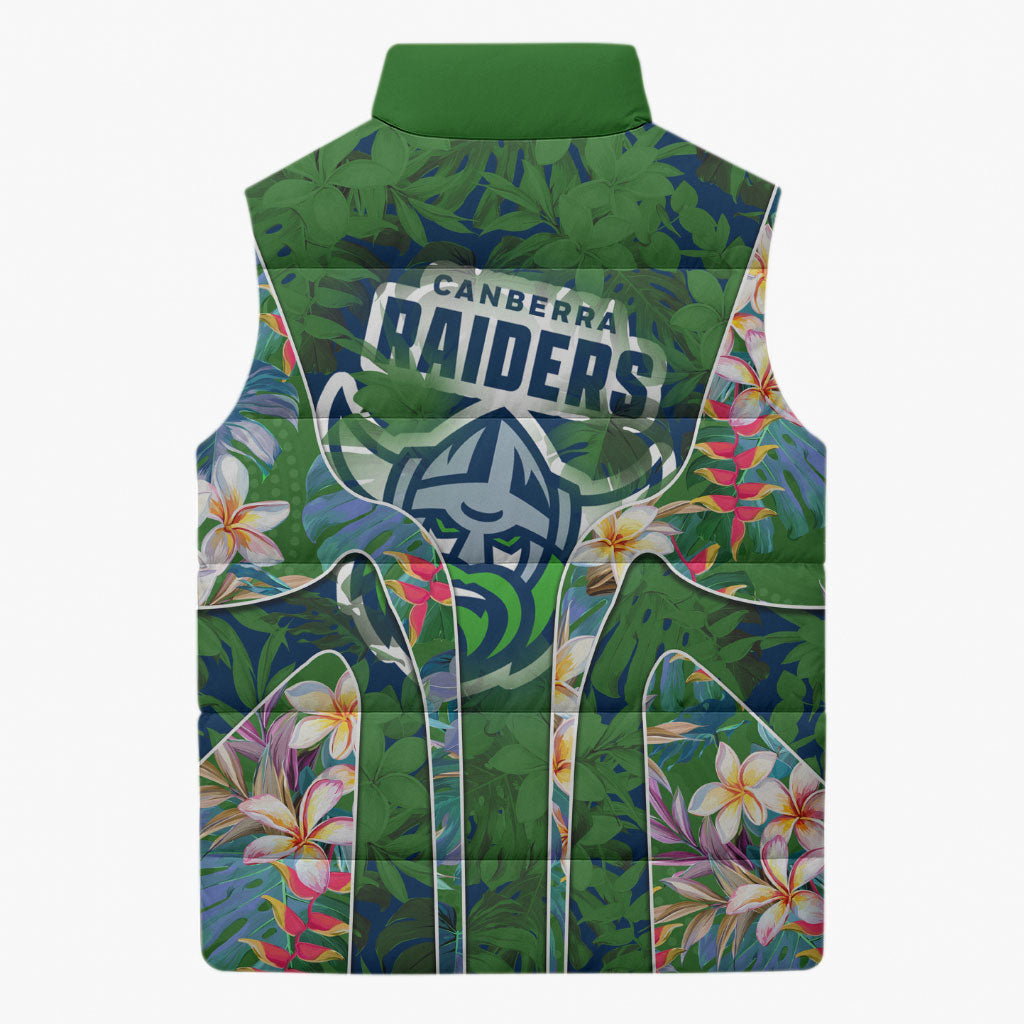 Canberra Raiders Sleeveless Puffer Jacket Tropical Hibiscus Floral Pattern With Green And Navy Accents