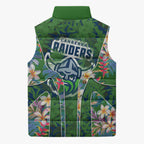 Canberra Raiders Sleeveless Puffer Jacket Tropical Hibiscus Floral Pattern With Green And Navy Accents