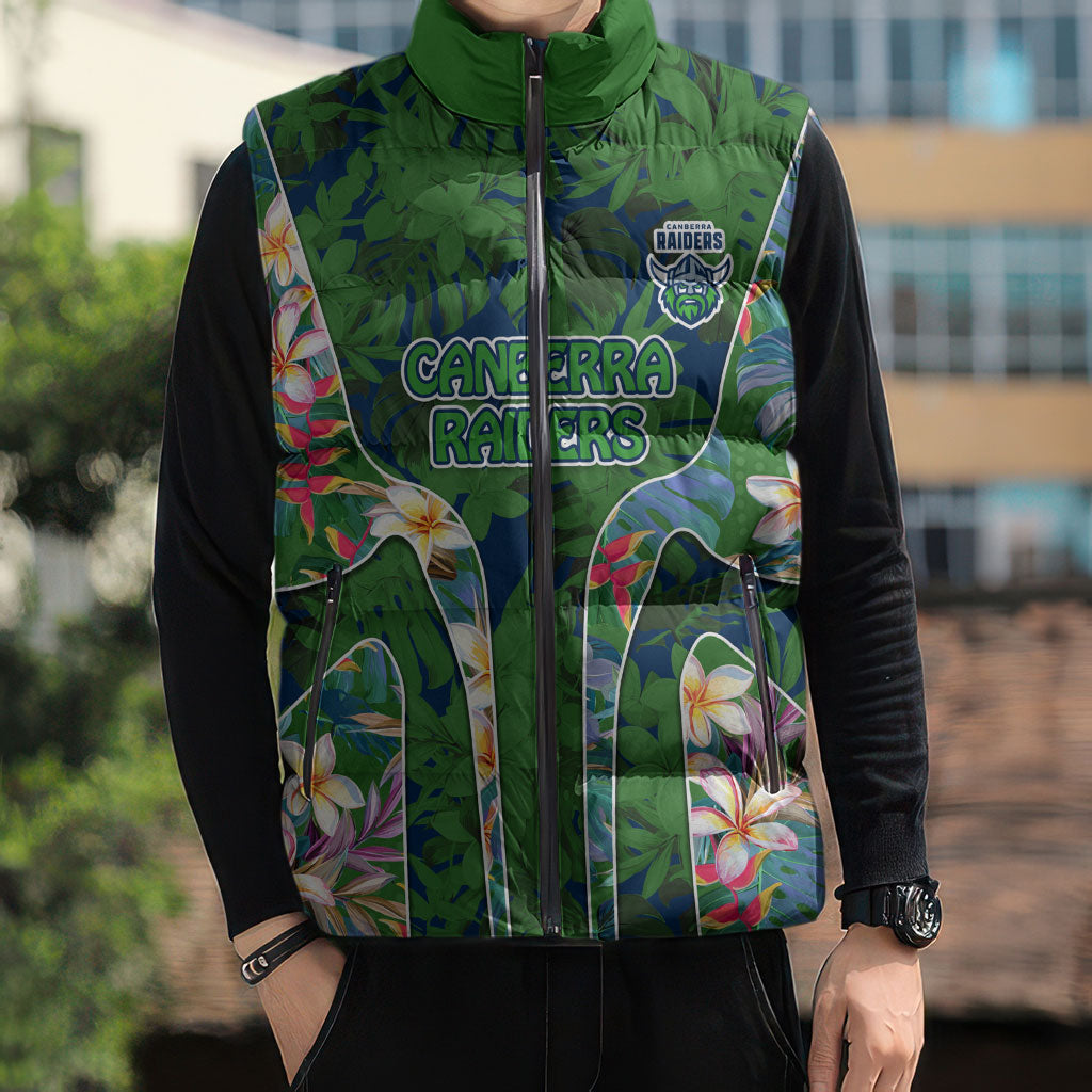 Canberra Raiders Sleeveless Puffer Jacket Tropical Hibiscus Floral Pattern With Green And Navy Accents
