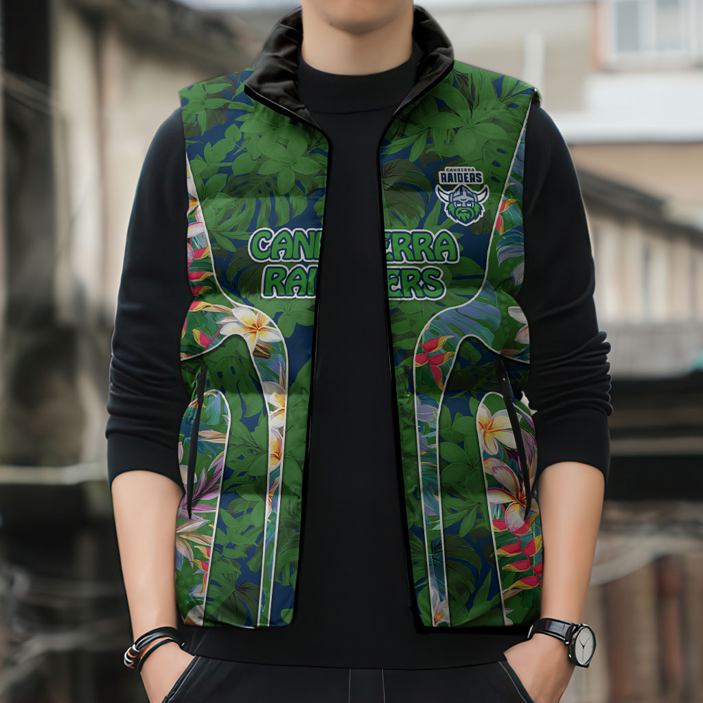 Canberra Raiders Sleeveless Puffer Jacket Tropical Hibiscus Floral Pattern With Green And Navy Accents