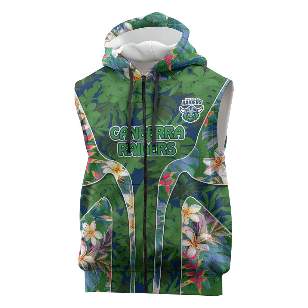 Canberra Raiders Sleeveless Zip Hoodie Tropical Hibiscus Floral Pattern With Green And Navy Accents