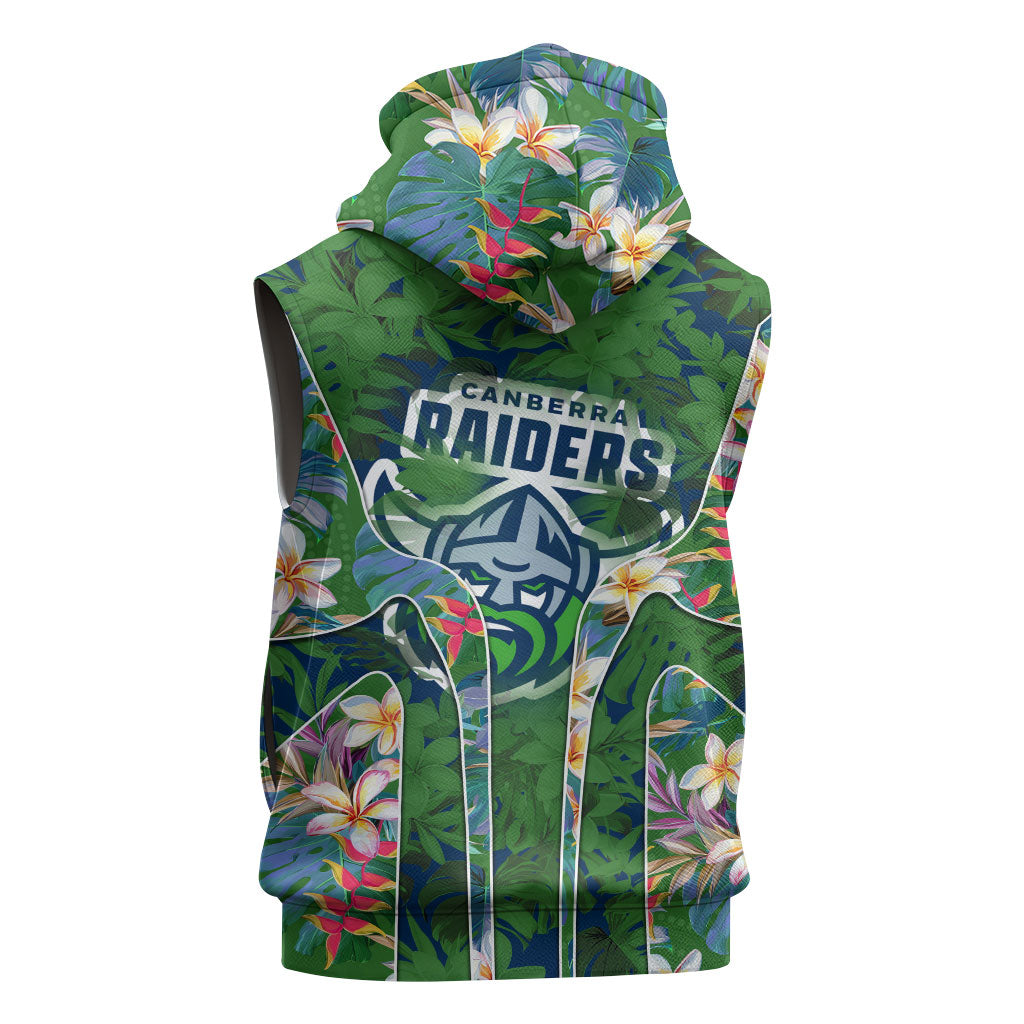 Canberra Raiders Sleeveless Zip Hoodie Tropical Hibiscus Floral Pattern With Green And Navy Accents