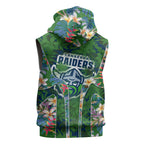 Canberra Raiders Sleeveless Zip Hoodie Tropical Hibiscus Floral Pattern With Green And Navy Accents