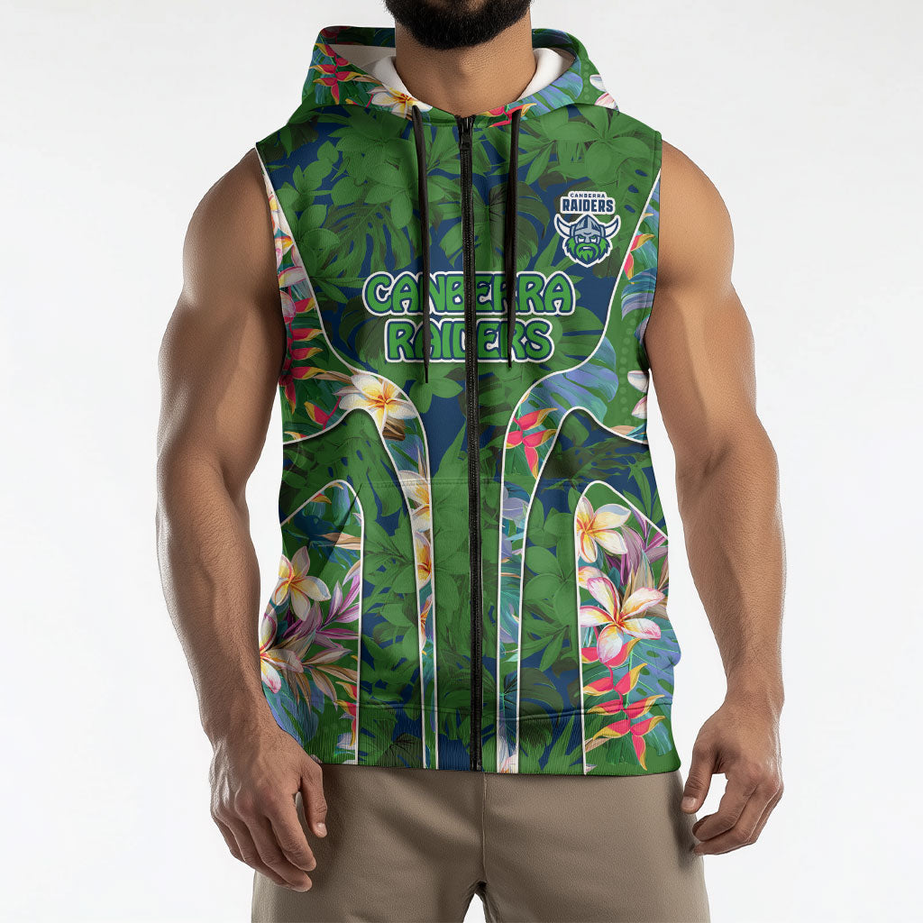 Canberra Raiders Sleeveless Zip Hoodie Tropical Hibiscus Floral Pattern With Green And Navy Accents