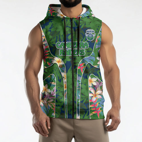 Canberra Raiders Sleeveless Zip Hoodie Tropical Hibiscus Floral Pattern With Green And Navy Accents
