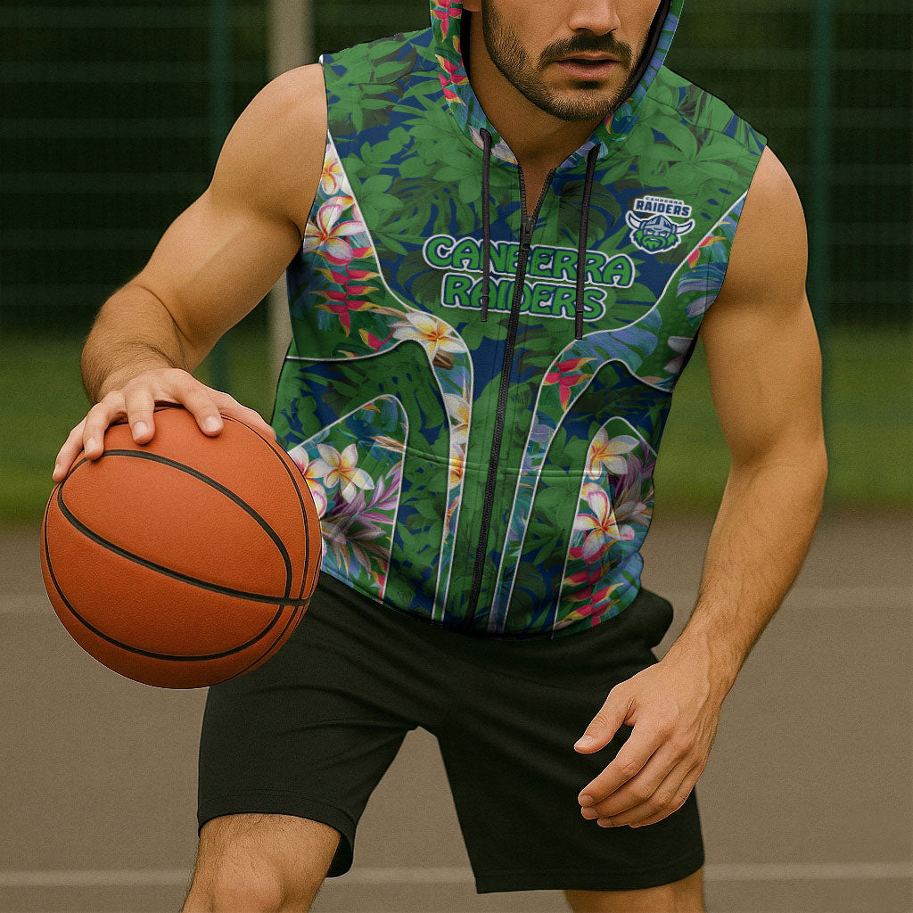 Canberra Raiders Sleeveless Zip Hoodie Tropical Hibiscus Floral Pattern With Green And Navy Accents