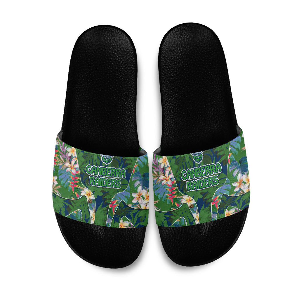 Canberra Raiders Slide Sandals Tropical Hibiscus Floral Pattern With Green And Navy Accents