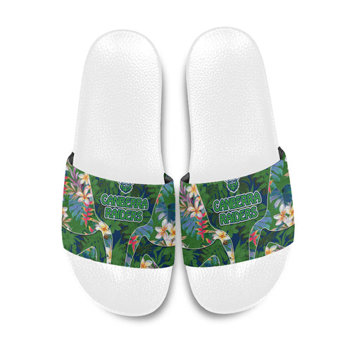 Canberra Raiders Slide Sandals Tropical Hibiscus Floral Pattern With Green And Navy Accents