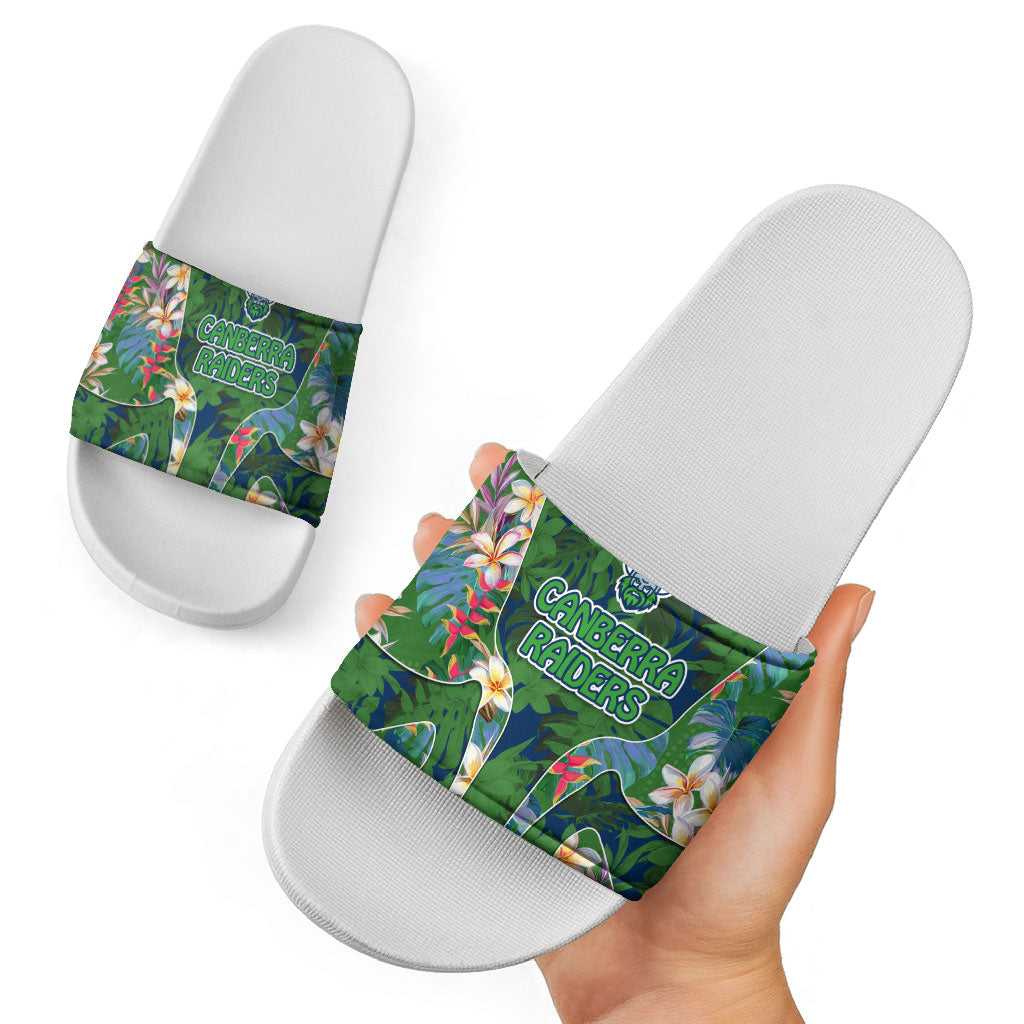 Canberra Raiders Slide Sandals Tropical Hibiscus Floral Pattern With Green And Navy Accents