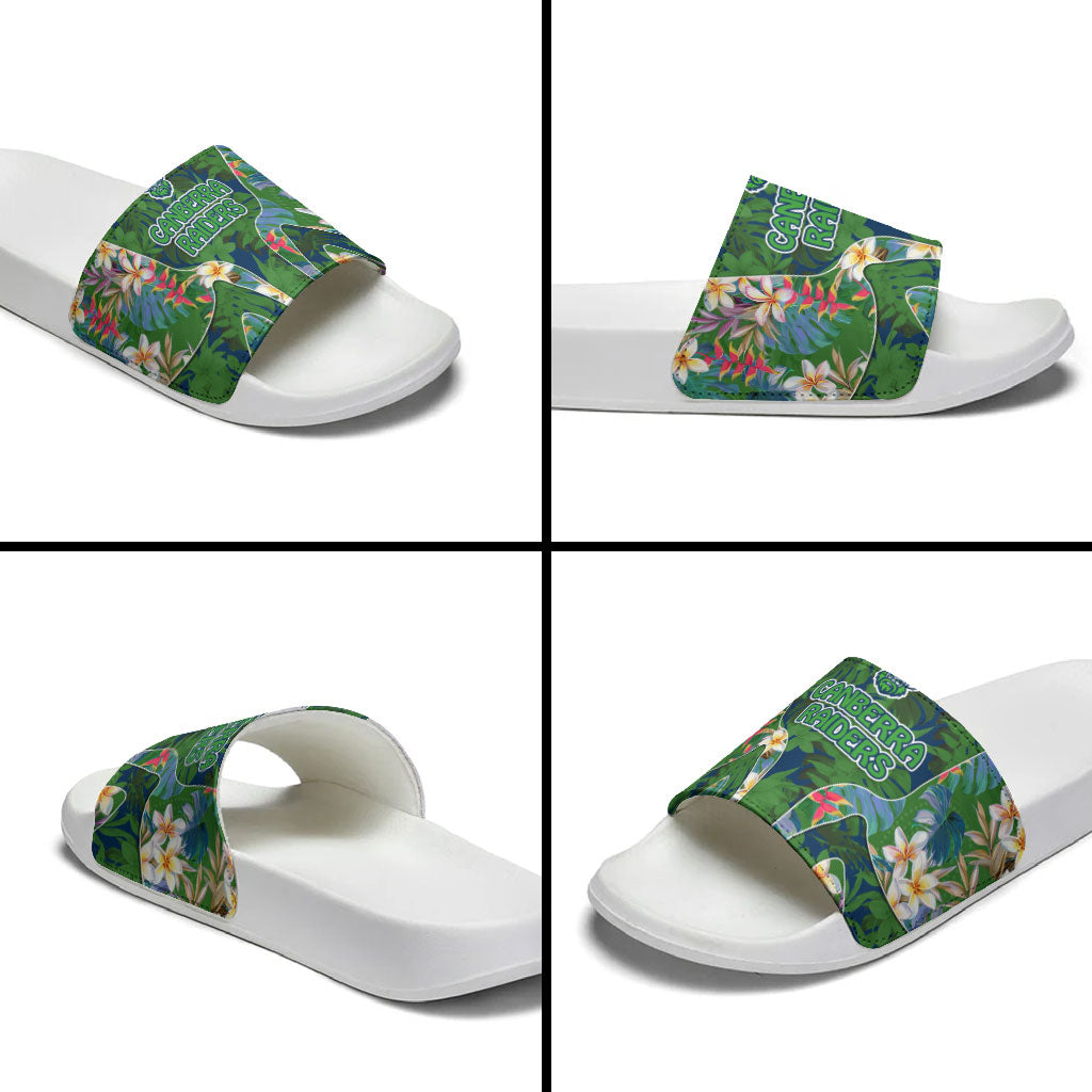 Canberra Raiders Slide Sandals Tropical Hibiscus Floral Pattern With Green And Navy Accents