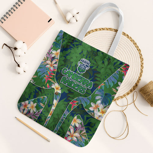 Canberra Raiders Tote Bag Tropical Hibiscus Floral Pattern With Green And Navy Accents
