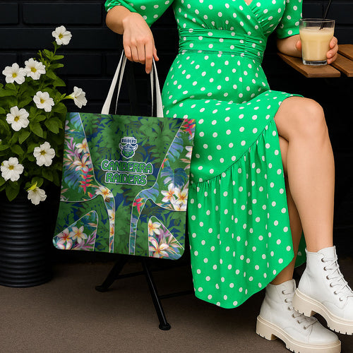 Canberra Raiders Tote Bag Tropical Hibiscus Floral Pattern With Green And Navy Accents