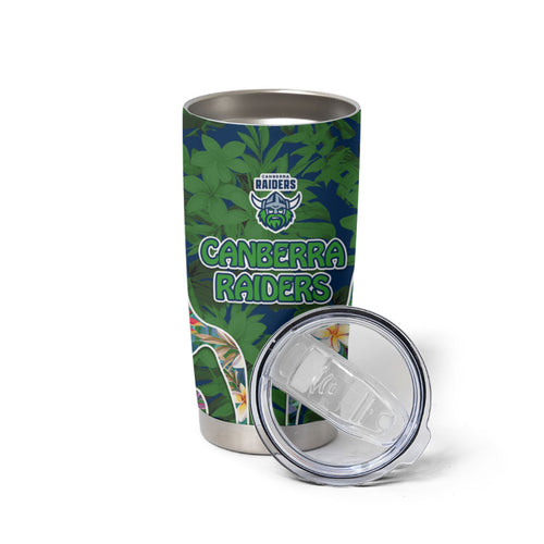 Canberra Raiders Tumbler Cup Tropical Hibiscus Floral Pattern With Green And Navy Accents