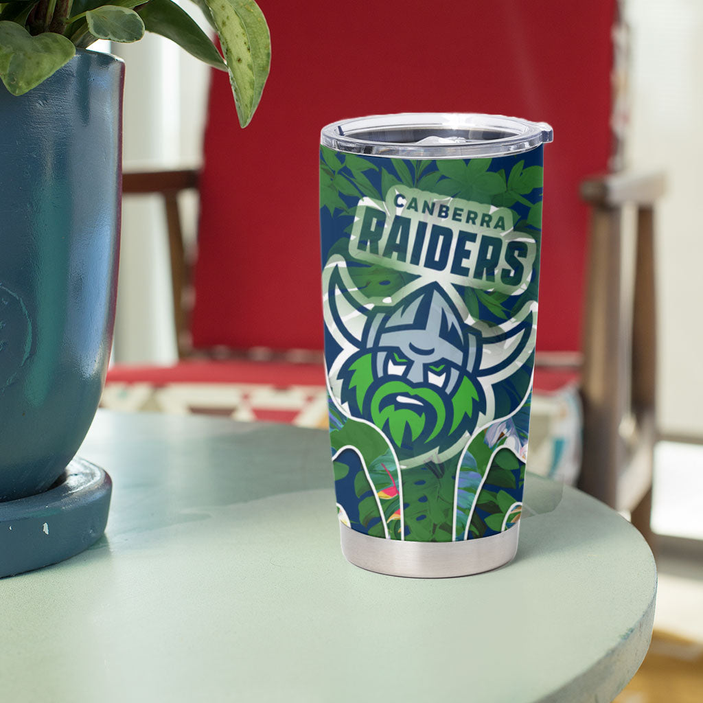 Canberra Raiders Tumbler Cup Tropical Hibiscus Floral Pattern With Green And Navy Accents