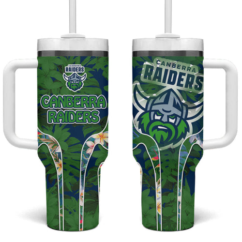 Canberra Raiders Tumbler With Handle Tropical Hibiscus Floral Pattern With Green And Navy Accents