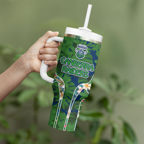 Canberra Raiders Tumbler With Handle Tropical Hibiscus Floral Pattern With Green And Navy Accents