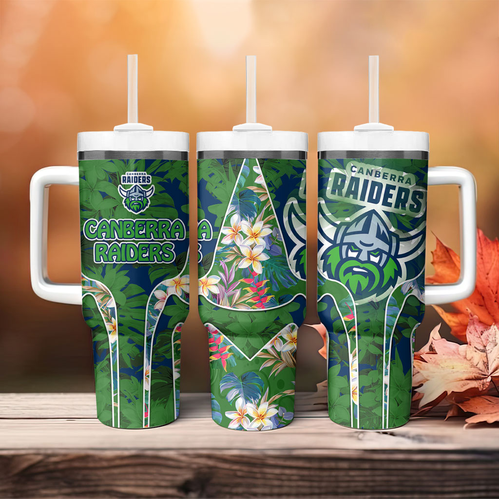 Canberra Raiders Tumbler With Handle Tropical Hibiscus Floral Pattern With Green And Navy Accents