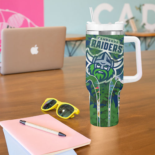 Canberra Raiders Tumbler With Handle Tropical Hibiscus Floral Pattern With Green And Navy Accents