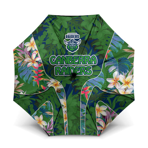Canberra Raiders Umbrella Tropical Hibiscus Floral Pattern With Green And Navy Accents