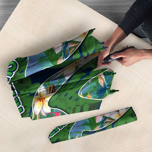 Canberra Raiders Umbrella Tropical Hibiscus Floral Pattern With Green And Navy Accents