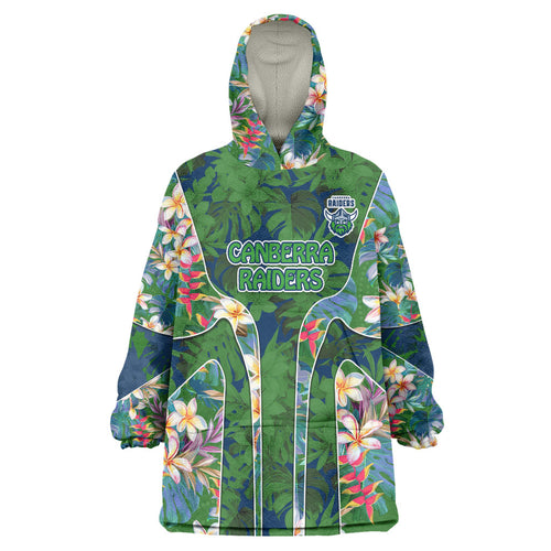 Canberra Raiders Wearable Blanket Hoodie Tropical Hibiscus Floral Pattern With Green And Navy Accents