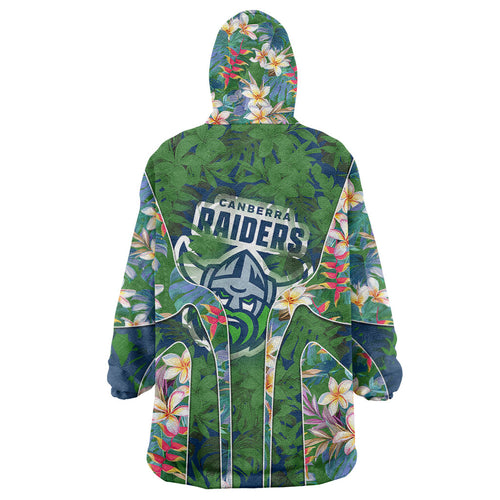 Canberra Raiders Wearable Blanket Hoodie Tropical Hibiscus Floral Pattern With Green And Navy Accents