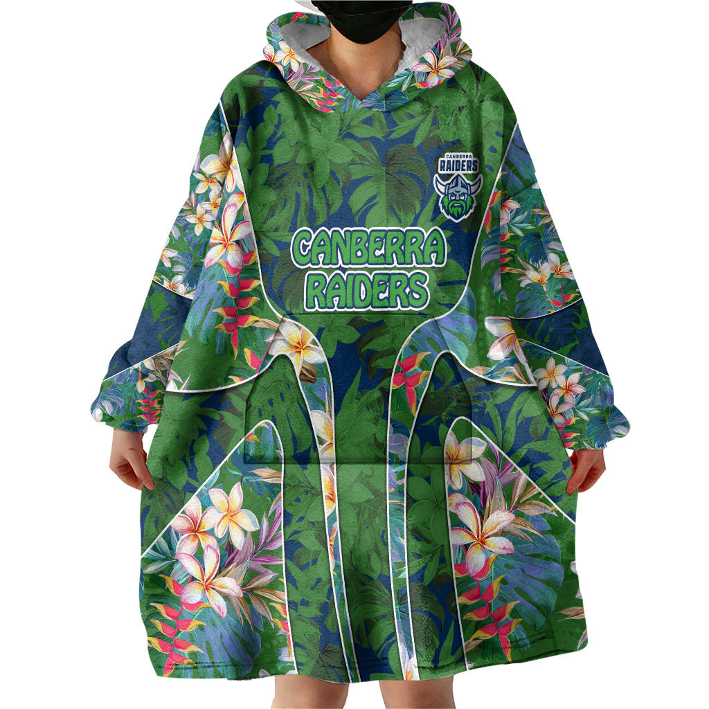Canberra Raiders Wearable Blanket Hoodie Tropical Hibiscus Floral Pattern With Green And Navy Accents