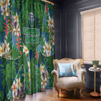 Canberra Raiders Window Curtain Tropical Hibiscus Floral Pattern With Green And Navy Accents
