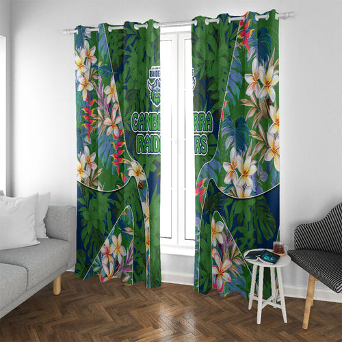 Canberra Raiders Window Curtain Tropical Hibiscus Floral Pattern With Green And Navy Accents