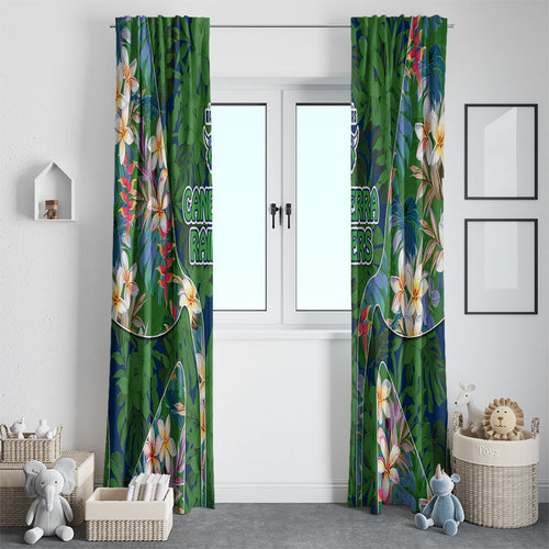 Canberra Raiders Window Curtain Tropical Hibiscus Floral Pattern With Green And Navy Accents