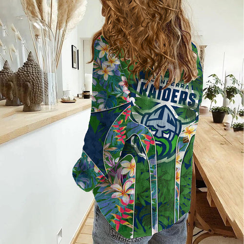Canberra Raiders Women Casual Shirt Tropical Hibiscus Floral Pattern With Green And Navy Accents