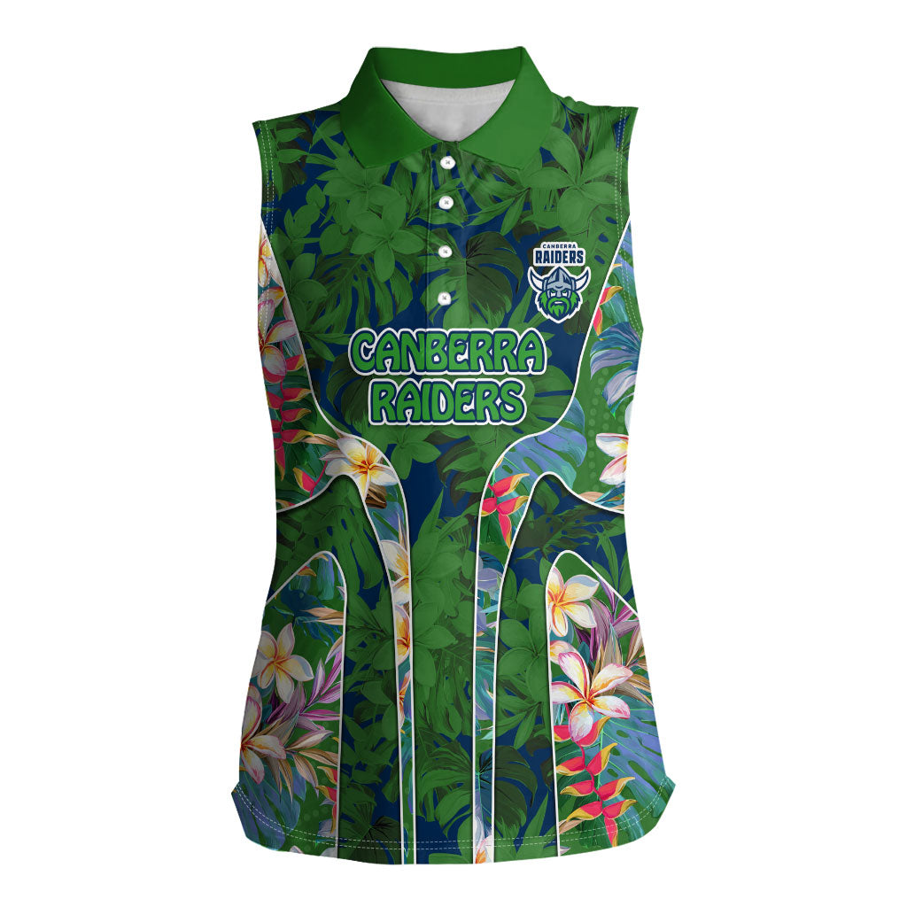 Canberra Raiders Women Sleeveless Polo Shirt Tropical Hibiscus Floral Pattern With Green And Navy Accents