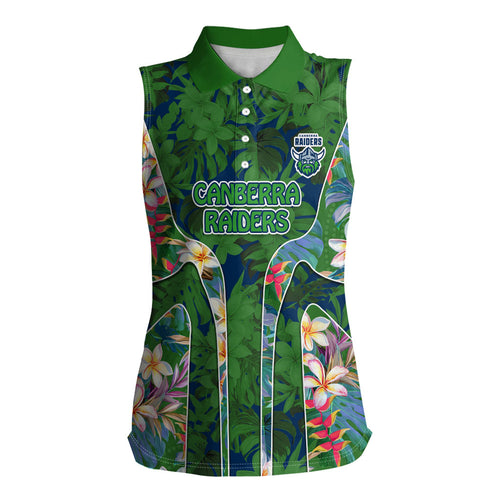 Canberra Raiders Women Sleeveless Polo Shirt Tropical Hibiscus Floral Pattern With Green And Navy Accents