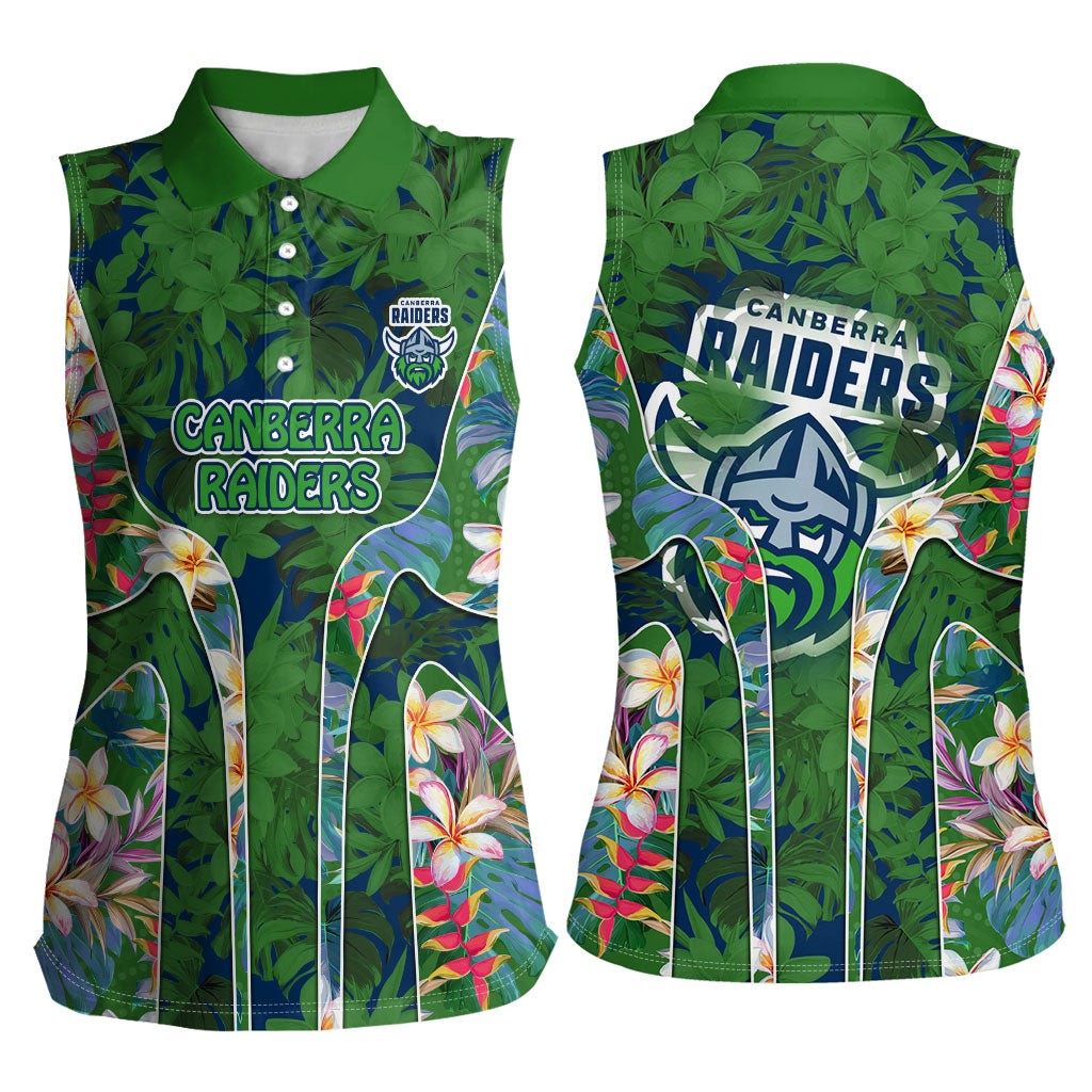 Canberra Raiders Women Sleeveless Polo Shirt Tropical Hibiscus Floral Pattern With Green And Navy Accents