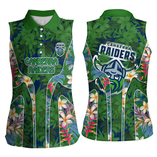 Canberra Raiders Women Sleeveless Polo Shirt Tropical Hibiscus Floral Pattern With Green And Navy Accents