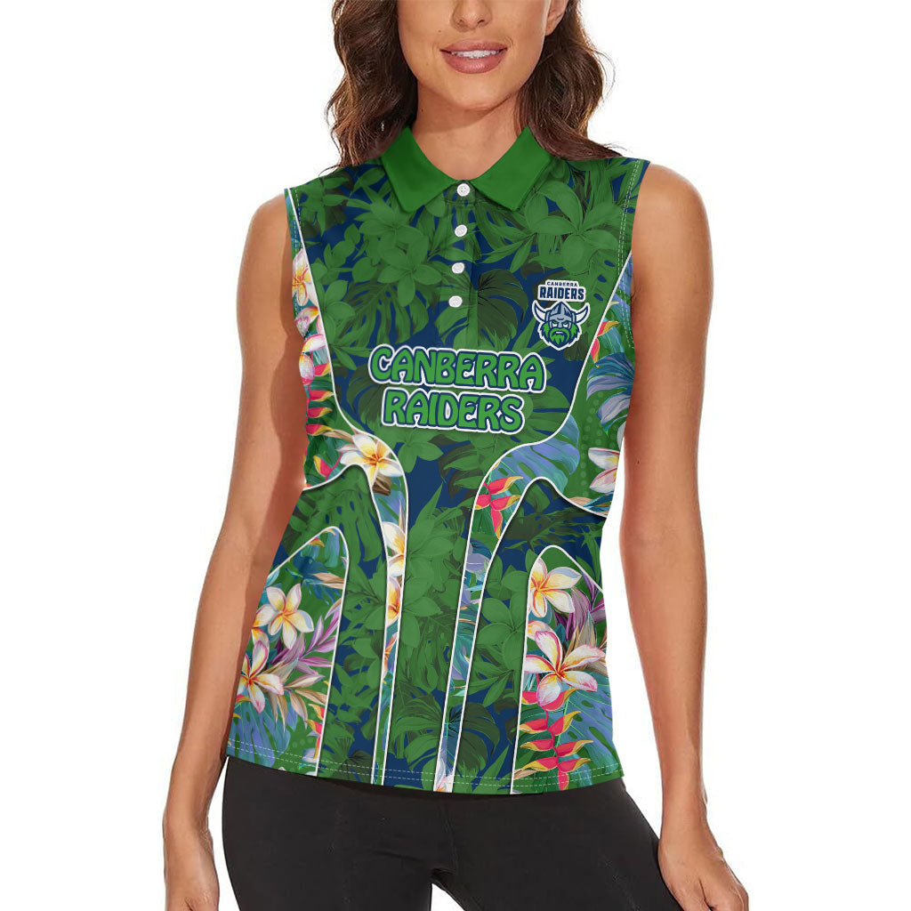 Canberra Raiders Women Sleeveless Polo Shirt Tropical Hibiscus Floral Pattern With Green And Navy Accents