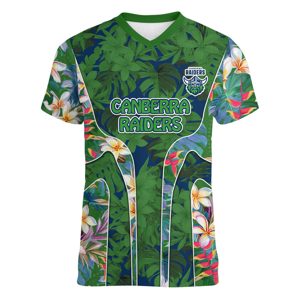 Canberra Raiders Women V-Neck T-Shirt Tropical Hibiscus Floral Pattern With Green And Navy Accents