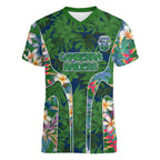 Canberra Raiders Women V-Neck T-Shirt Tropical Hibiscus Floral Pattern With Green And Navy Accents