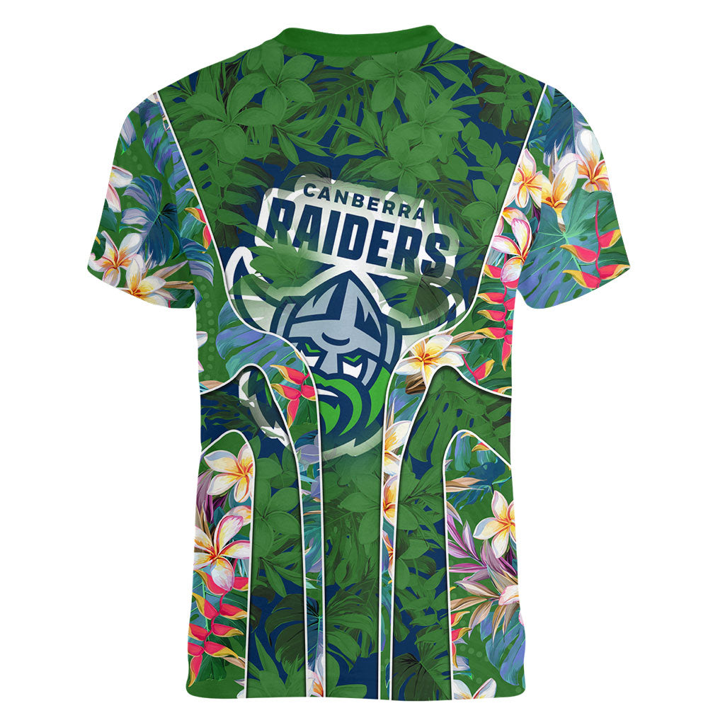 Canberra Raiders Women V-Neck T-Shirt Tropical Hibiscus Floral Pattern With Green And Navy Accents