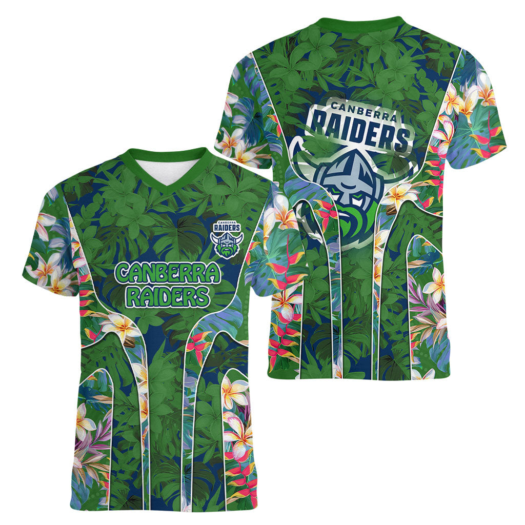 Canberra Raiders Women V-Neck T-Shirt Tropical Hibiscus Floral Pattern With Green And Navy Accents